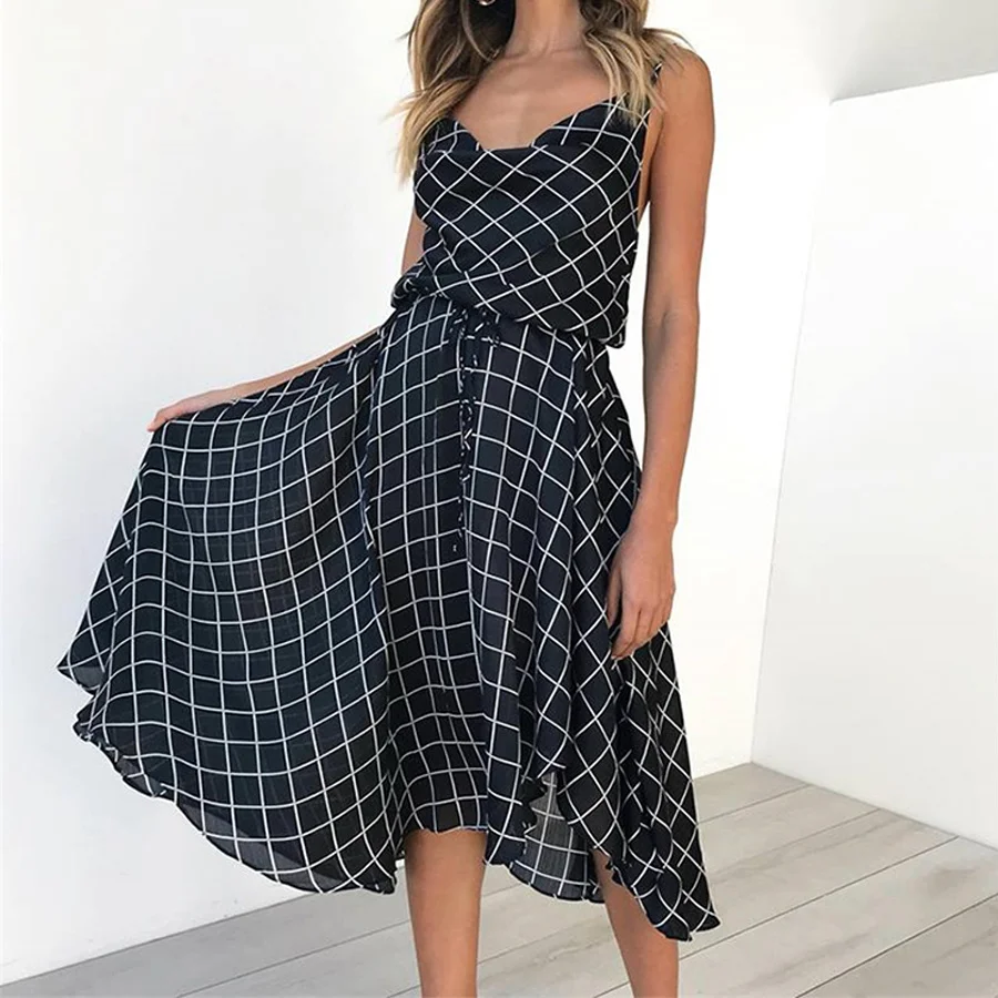 Женское платье до середины икры в клетку с принтом повседневное летнее свободное