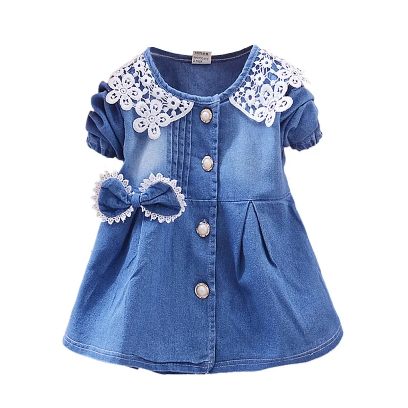 Bowknot Long Sleeve Dresses Mesh Denim Patchwork Lace Dress Autumn Kids Baby Spring Children | Детская одежда и обувь