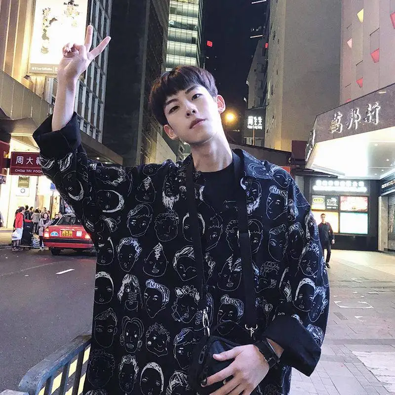 Hip Hop Shirts Men Japanese Streetwear Casual Print Shirt Male Summer Spring Fashion Loose Harajuku Long Sleeve Hawaiian | Мужская