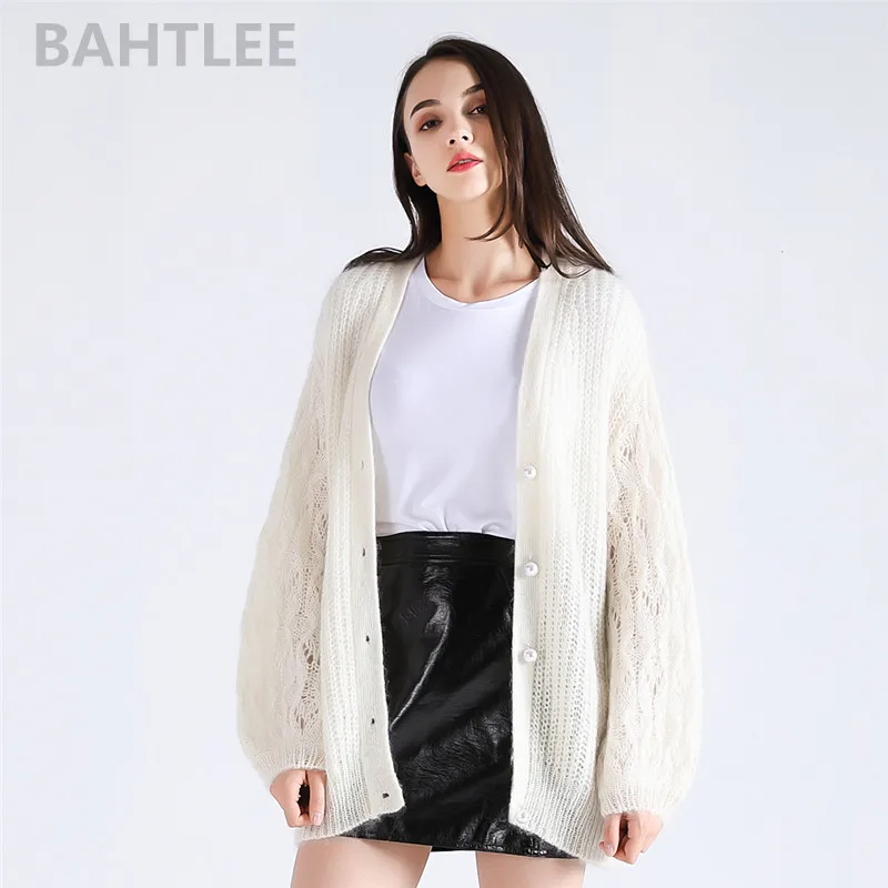 off white BAHTLEE осенне-зимний женский топ из мохера, вязаный кардиган, свитер с длинными рукавами-фонариками, жемчужными пуговицами и v-образным вырезом, четыре цвета - Цвет: off white