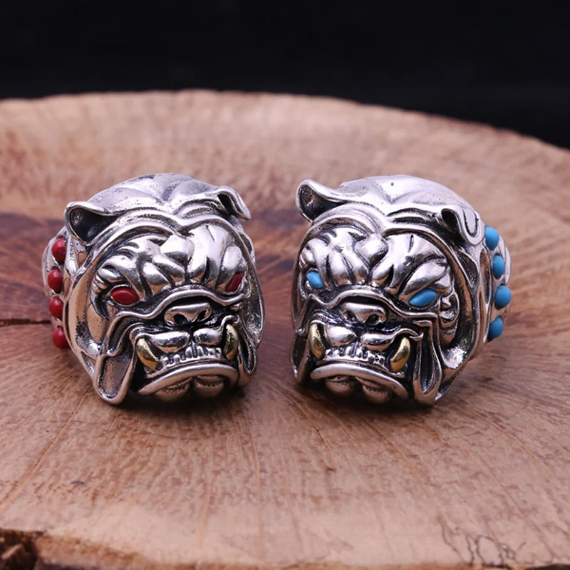 

Men Women Opening Finger Ring 925 Sterling Silver Jewelry Inlaid Turquoise Bulldog Adjustable Ring Fine Jewelry 2018 FR73