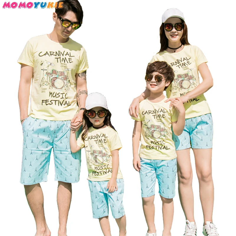 

Family fitted summer new children's cotton short-sleeved cartoon couple set a four-pack family matching clothes T-shirt shorts