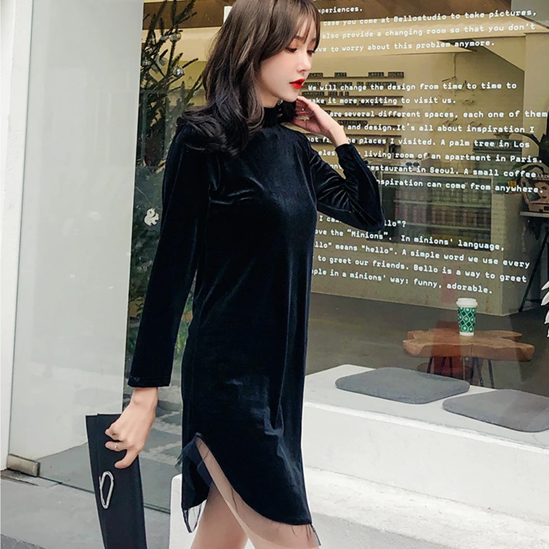 French Style Egg Women Dress Long Sleeve Stand Collar Mini Black Velevt Brand Designer Runway Elegant Party Vestidos | Женская одежда