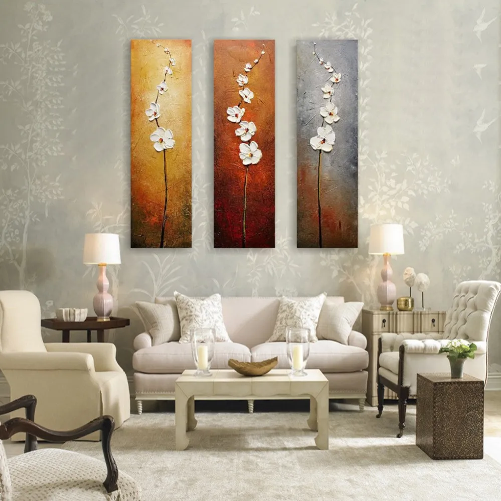 100% ручная роспись 3 панели абстрактные вертикальные белые цветы масляная