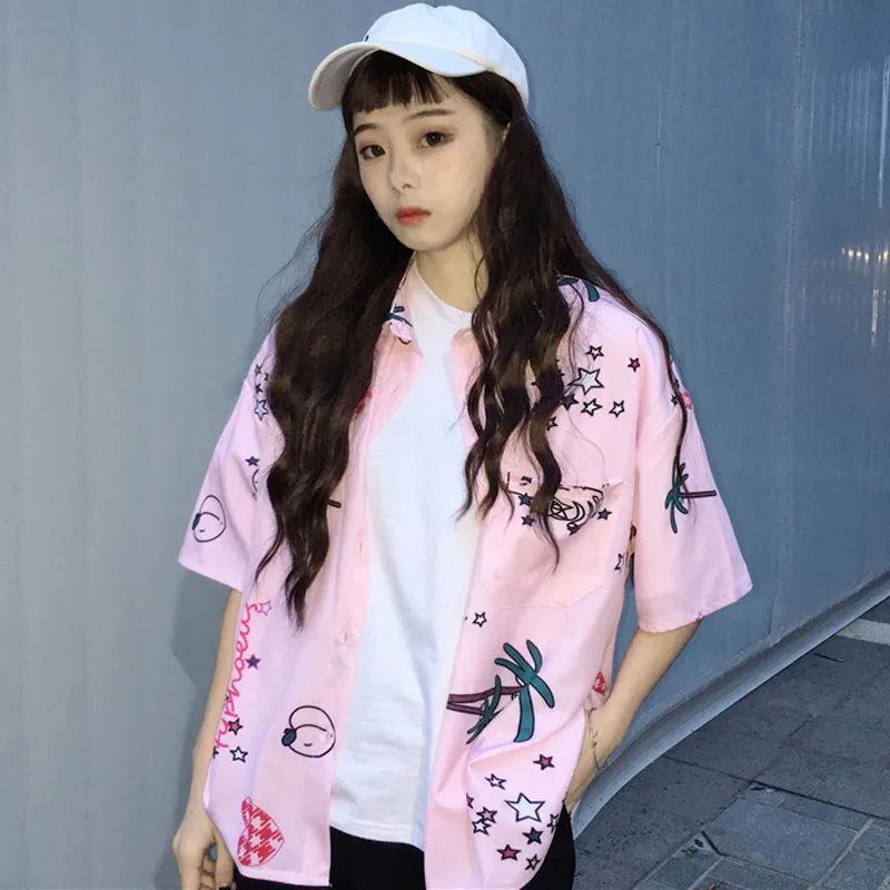 2018 летние женские Топы Harajuku милые рубашки ulzzang с милым принтом короткий рукав
