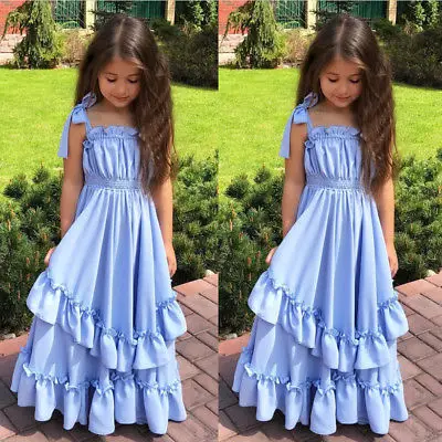 Летнее однотонное синее платье принцессы для девочек 3-10 лет | Мать и ребенок