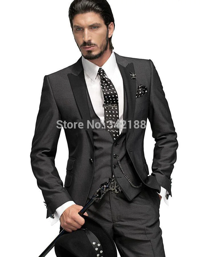 

Slim Fit One Button Groom Tuxedos/Charcoal Grey Best Man Peak Black Lapel Groomsmen Men Wedding Suits/Bridegroom suits