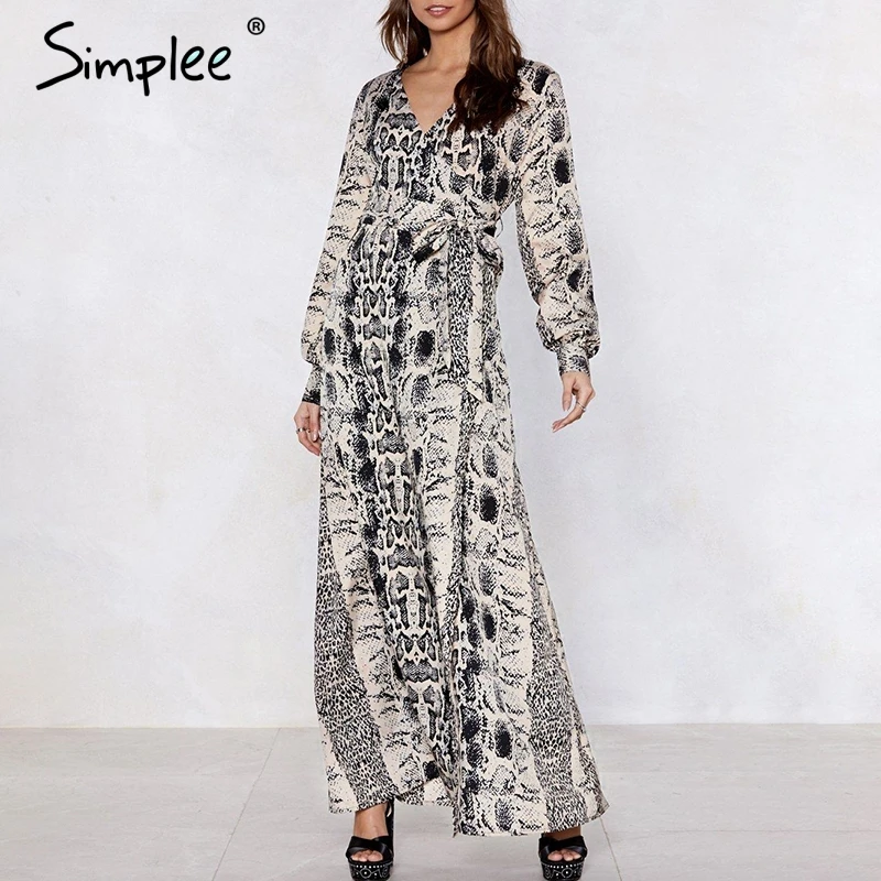 Женское шифоновое длинное платье Simplee со змеиным принтом с V образным вырезом и