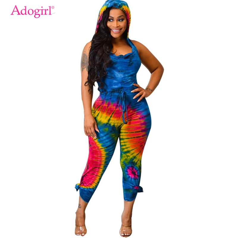 Adogirl сексуальный комбинезон с принтом тай-дай открытой спиной капюшоном
