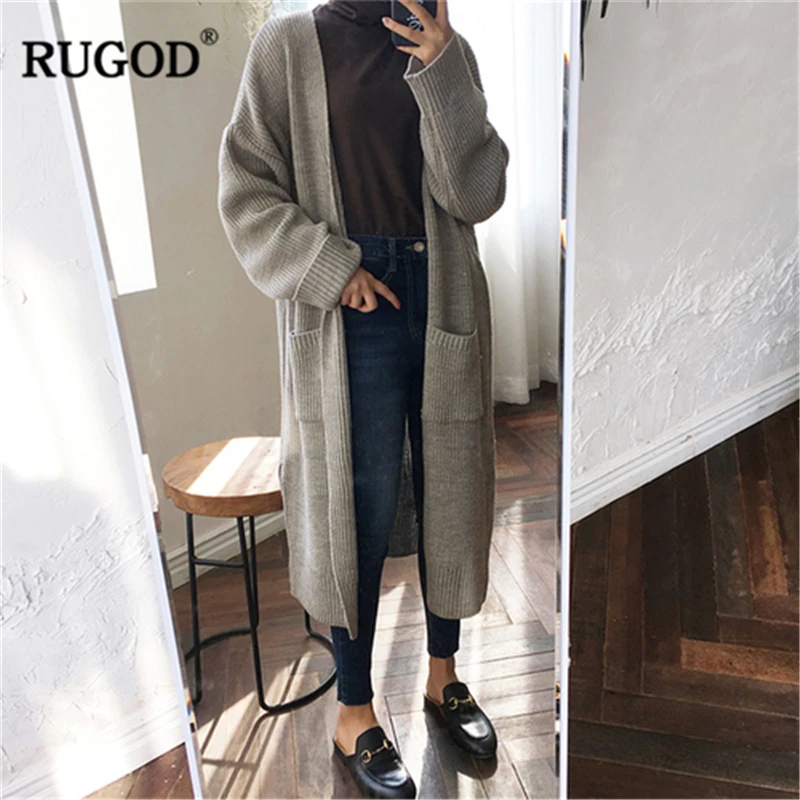 RUGOD 2018 новый корейский вязаный кардиган с карманами Женский Осенний длинный