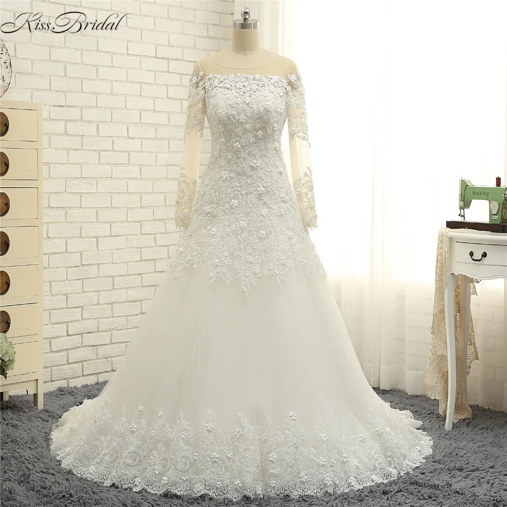 Новые Модные свадебные платья с длинным рукавом 2018 Иллюзия шеи длинный поезд