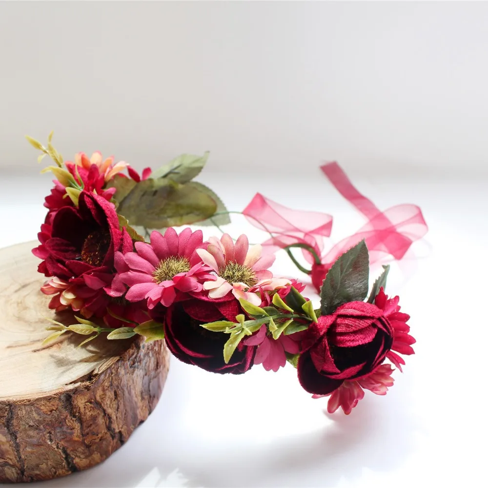 

Women's delicate flower wreath festival Headband crown Red faux sunflower Prom