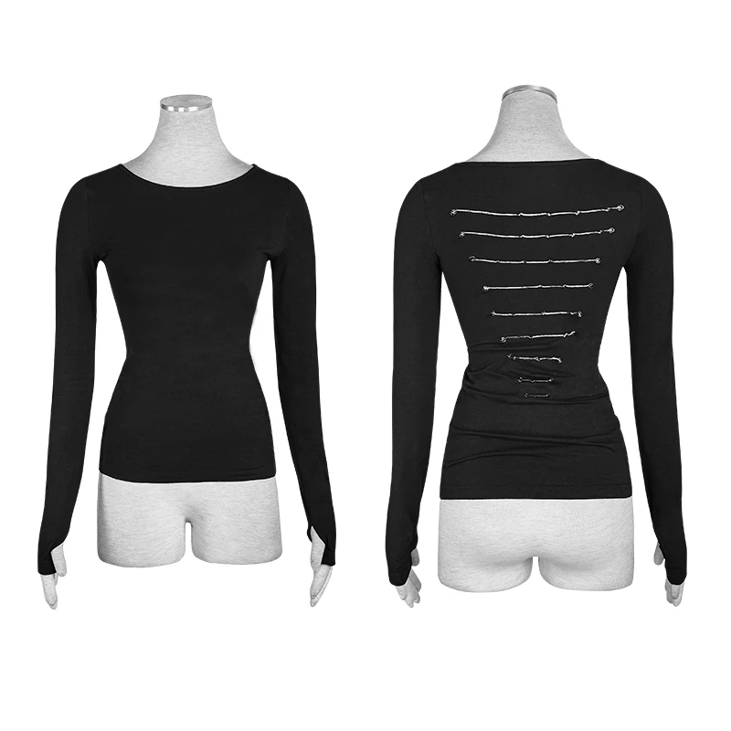 PUNK RAVE Women Halloween Christmas Punk Thorn series dark minimal lacing back skinny t-shirt extremely simple slim shape | Женская