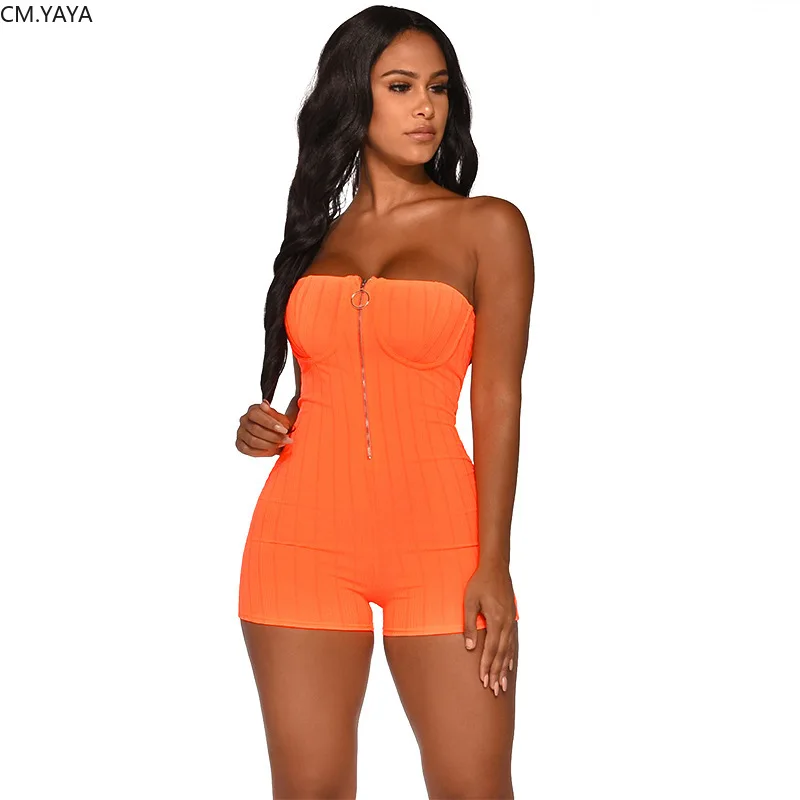 Женский трикотажный короткий комбинезон на молнии Облегающий без бретелек с