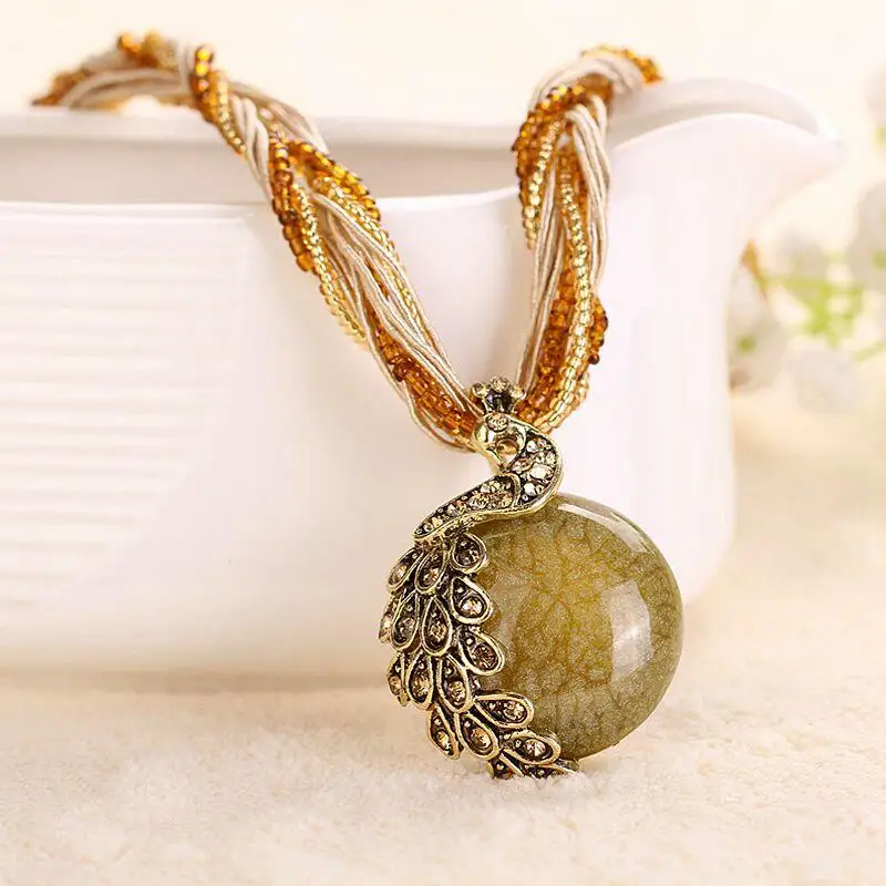 YAAYOO Newest Colorful Rhinestone Gem Peacock Statement Necklace Pendant Women Summer Style Fashion Jewelry For Gift Party | Украшения и