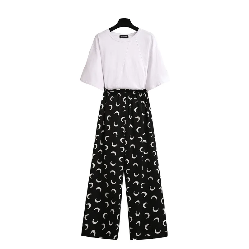 

4XL 5XL Plus Size Woman 2 Pieces Sets Casual White T-shirt+Big Size Crescent Print Trousers Sets Large Size 2 Pcs Pants Suits