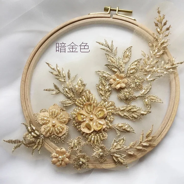 

1 pieces Gold Heavy Bead Lace Applique 3d Floral Lace Applique With Rhinestones 3d Flower Applique