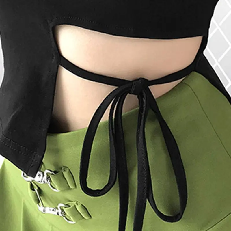 Сексуальный укороченный топ Женская Черная Футболка тонкая модная кружевная