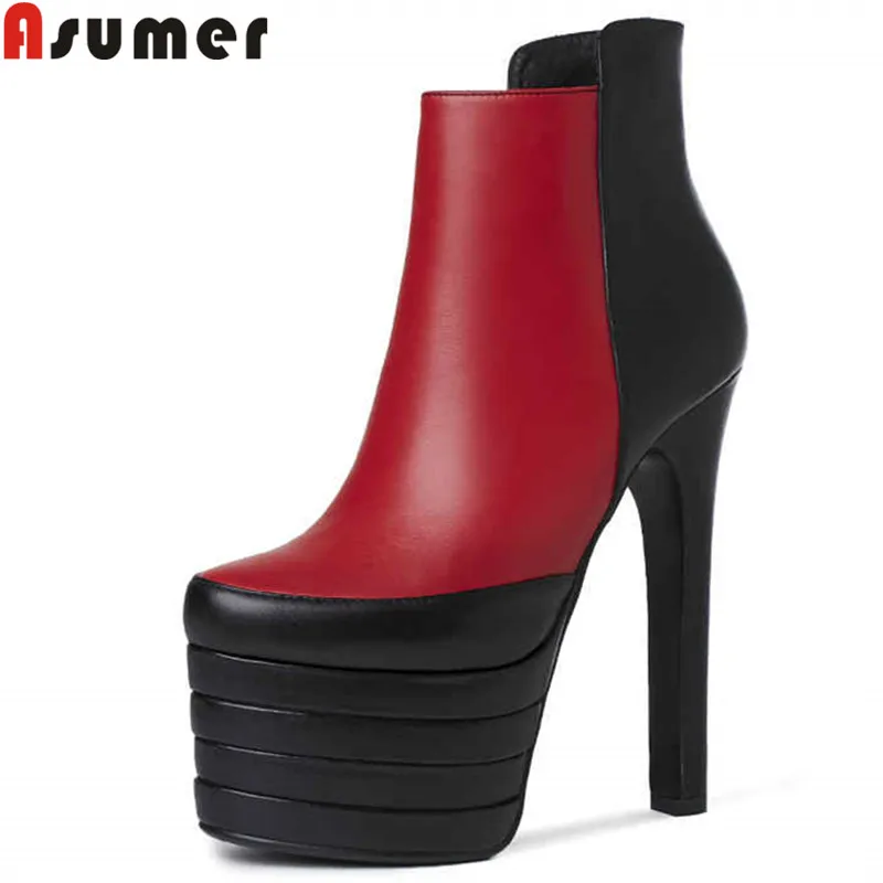 

ASUMER red fashion 2021 ankle boots for women round toe zip genuine leather boots super high platform boots mixed colors shoes
