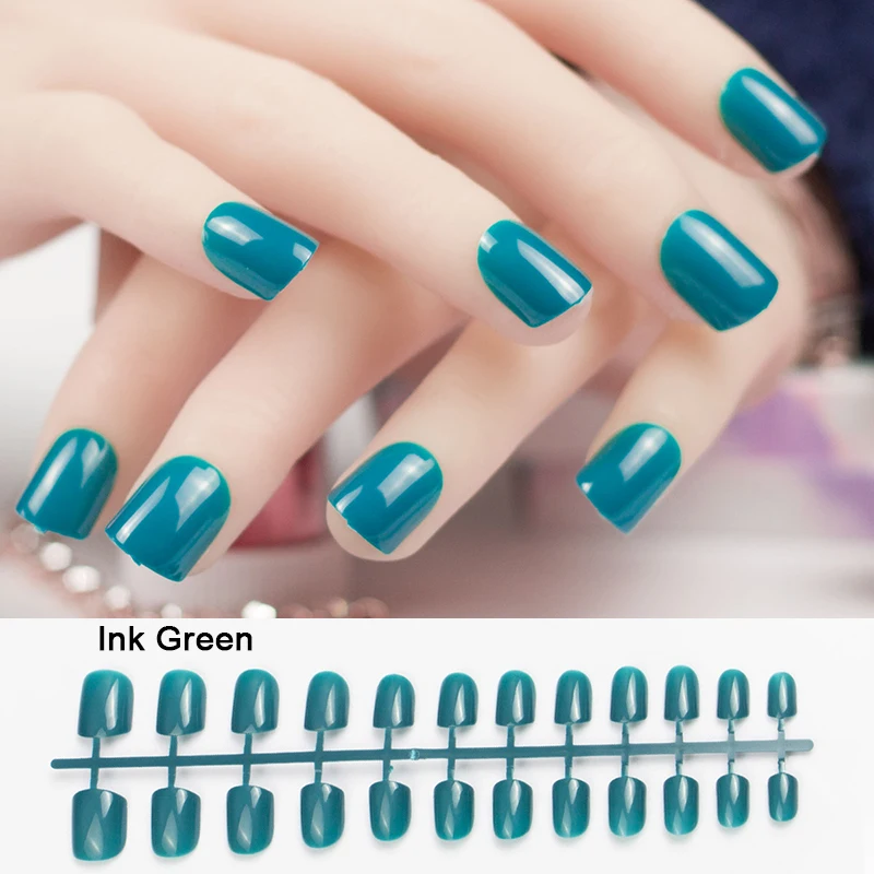 ink Green 24 шт художественные ногти чистый цвет поддельное художественное оформление ногтей короткая квадратная голова полное покрытие накладные ногти - Цвет: ink Green