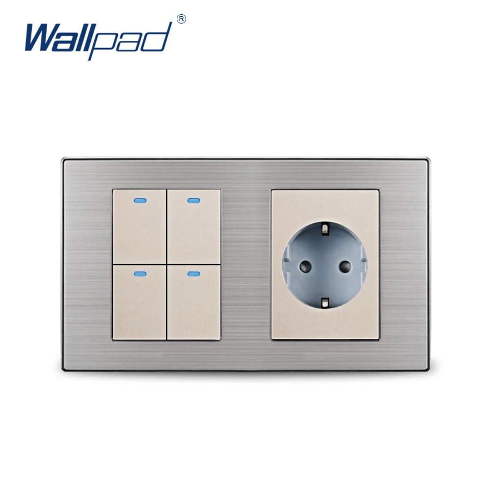 Wallpad 4 Gang 2 Way Switch With EU German Standard Schuko Socket Wall Power Outlet Satin Metal Panel LED Indicator | Обустройство