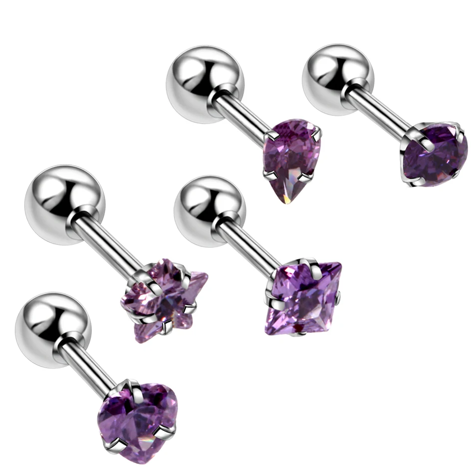 Purple 5 шт./лот серьги на Козелок из нержавеющей стали смешанный дизайн кристалл Хряща Серьги Для Пирсинга Ушей драгоценный камень уха Tragus ювелирные изделия для пирсинга тела - Окраска металла: Purple