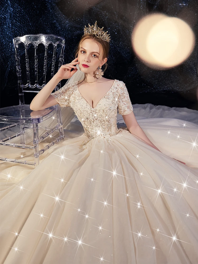 Женское блестящее платье Vivian's Bridal кружевное с коротким рукавом и треугольным