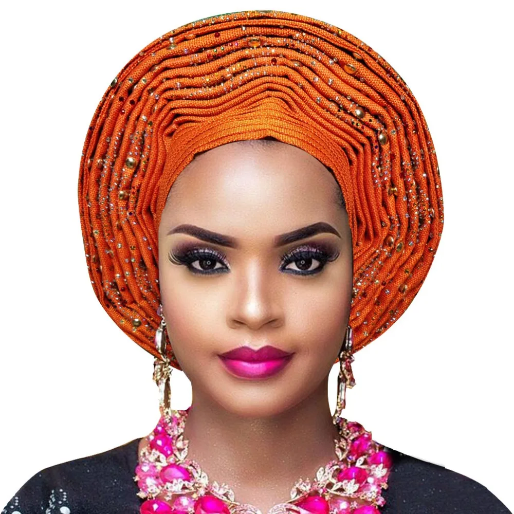 Африканская повязка aso OKE Auto Gele с бисером африканская Дамская повязка на голову для aso ebi свадьбы