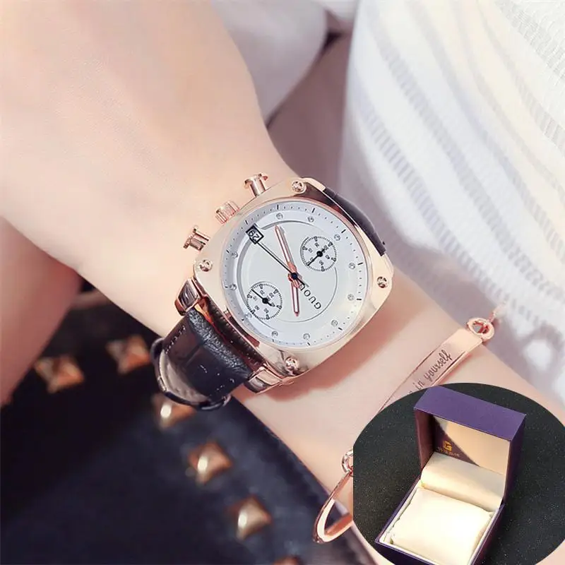Leather Black Box Модные брендовые женские и мужские унисекс роскошные часы из розового золота, стали и кожи, часы с календарем, квадратный циферблат, водонепроницаемые часы, подарок для влюбленных - Цвет: Leather Black Box