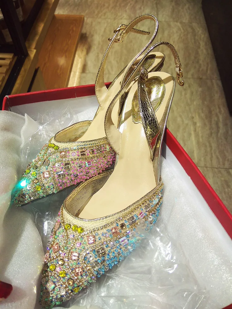 

bling bling woman colorful Rhinestones lace high heels pointed toe woman crystal buckle high heel shoes real photos 8&10 CM heel