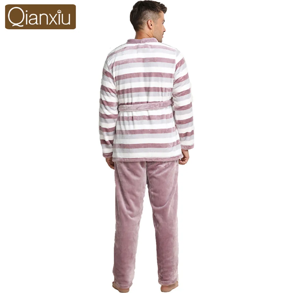 Qianxiu Brand Men Pajamas Casual Thicken Mink Wool Turn-Down Collars Striped Lounge Wear For Men Couples Nightwear Men Robe