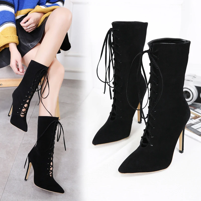 2019 женские ботильоны на шнуровке плюшевые теплые сапоги высоком каблуке 12 см