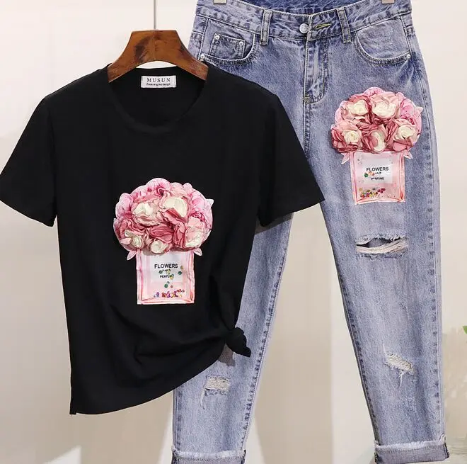 Black Set Amolapha, женская футболка с коротким рукавом, расшитая блестками, с рисунком флаконов духов, 3D цветов+ укороченные джинсы, комплект одежды из 2 предметов - Цвет: Black Set