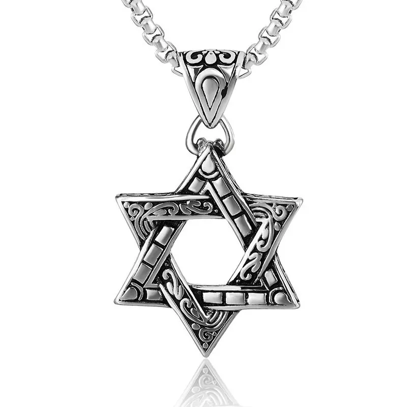 Amgj шесть еврей звезды гексаграмма кулон Цепочки и ожерелья Титан Сталь Панк