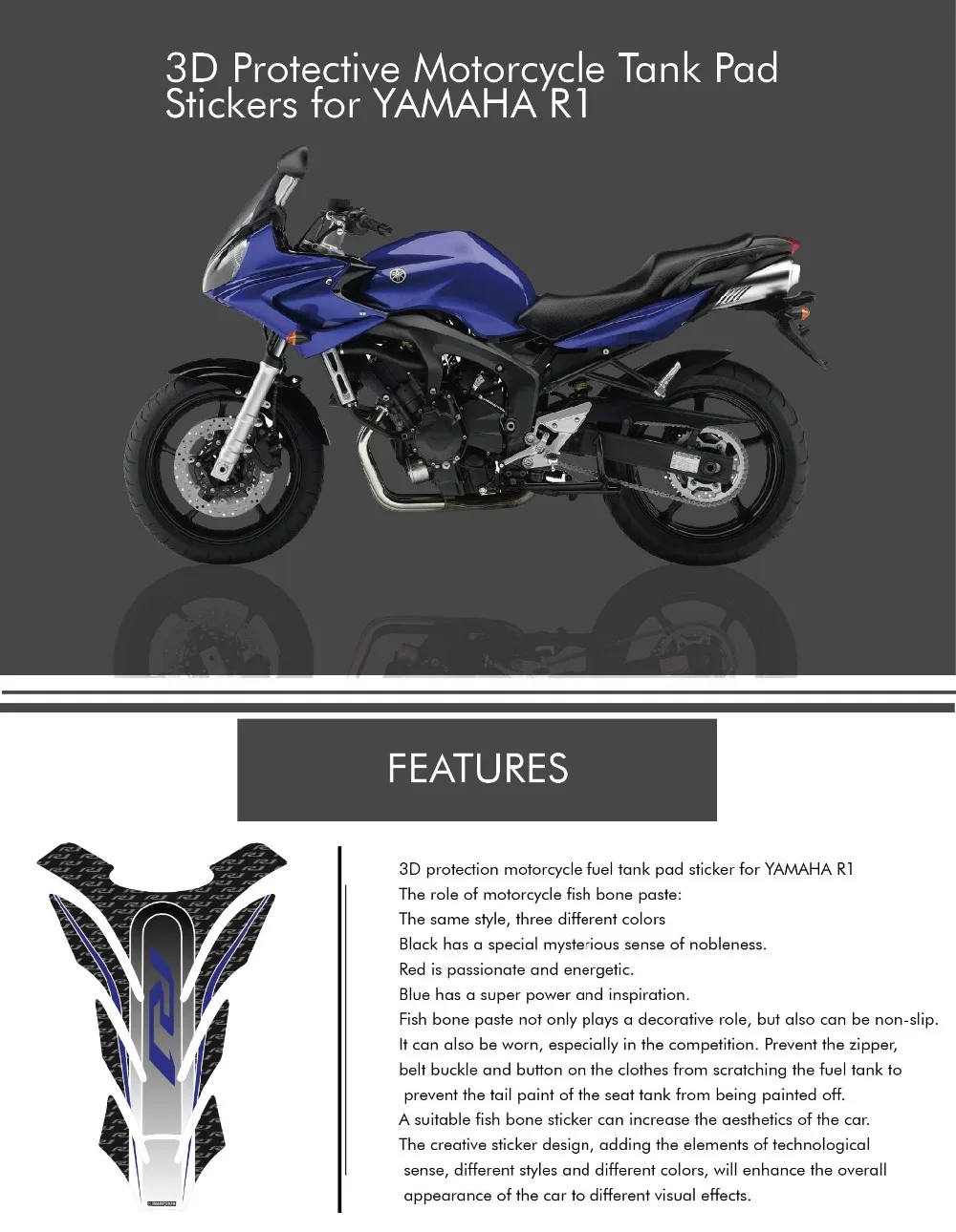 3D Fishbone l tank pad стикер Защитная декоративная наклейка мото наклейка для YAMAHA R1 Fishbone