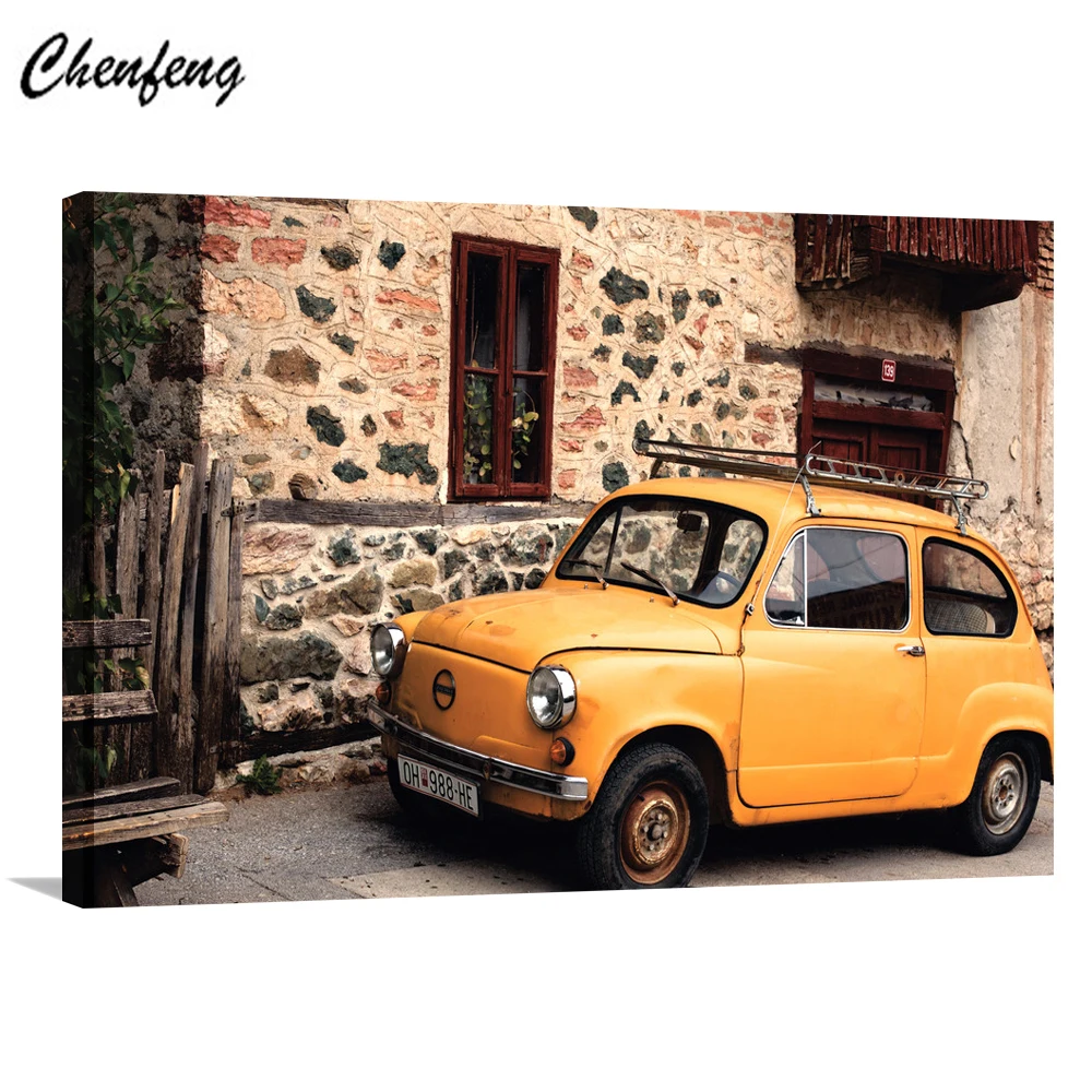 Retro Yellow car on road Vehicle wall picture artwork canvas painting art HD printed poster wood frame plaque for living room | Дом и сад