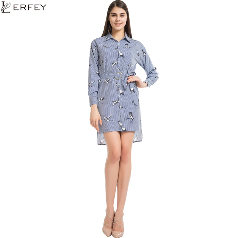 LERFEY женское осеннее платье с длинным рукавом Полосатое отворотом и поясом