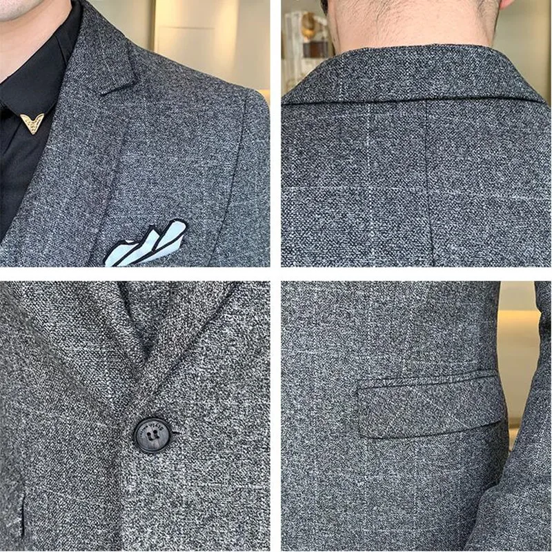 

(Jackets+Vest+Pants)Coat Royal Blue Men BLAZERS Autumn Thick Slim Fit Plaid Wedding business Dress Tuxedos Three-piece suits 5XL