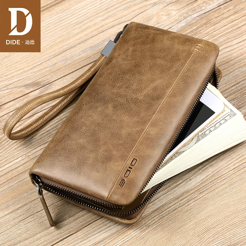 

DIDE Casual business Genuine Leather Men Wallets Zipper Organizer Clutch Wallets Male Purses Long Phone Wallet Men's Bags 632