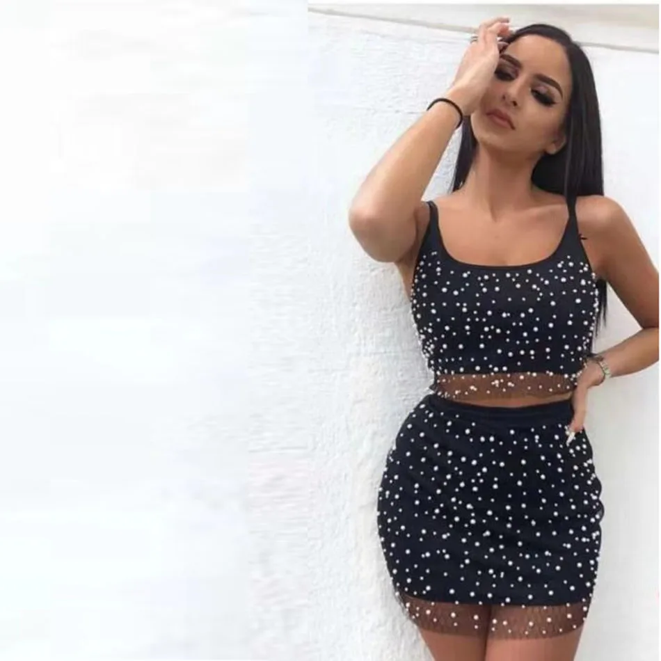 Жемчужный бисер Женский комплект 2 шт. Midriff Сетки Без Рукавов укороченный топ и