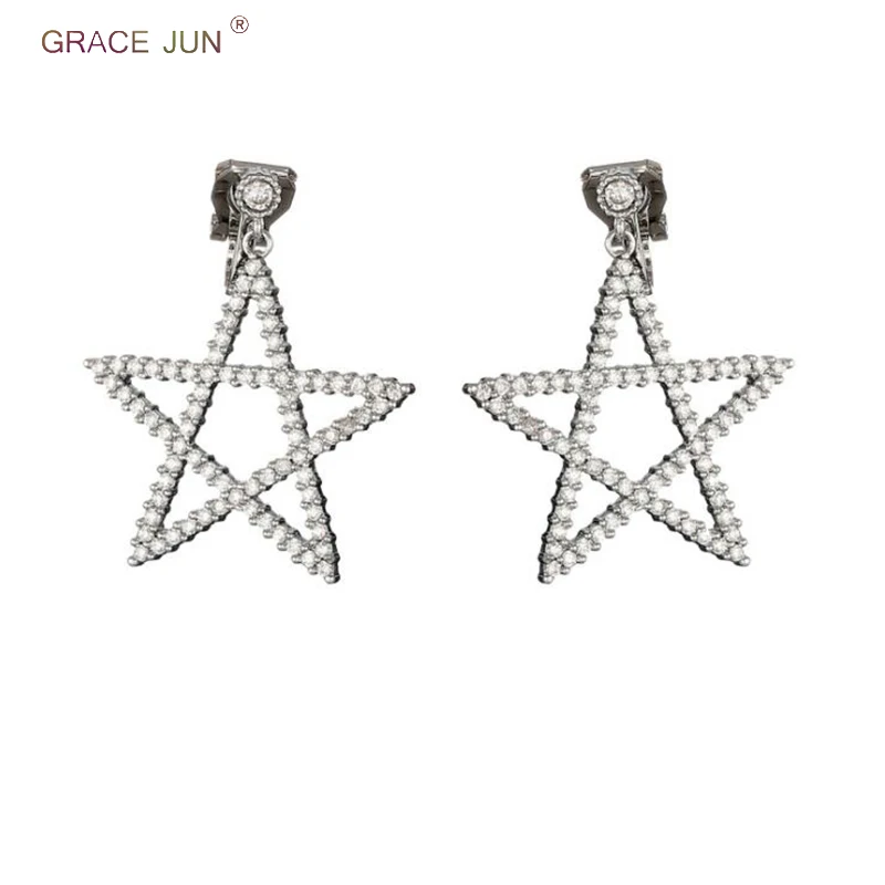

GRACE JUN High-grade Inlay AAA Cubic Zircon Big Star Clip on Earrings Non Pierced for Women Party Wedding No Hole Earrings New