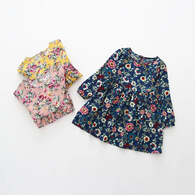 2016 New Autumn Girls Dress Kids Long Sleeve Baby linen Floral Children Pleats Toddler Basic Clothes 2-6Y | Детская одежда и обувь
