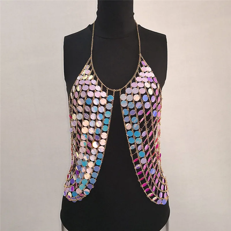 Sexy Bling Metal Chest Chain Summer crop top Women Sparkling Sequins Halter tank tops cropped shirt Luxury Nightclub Party Vest | Женская
