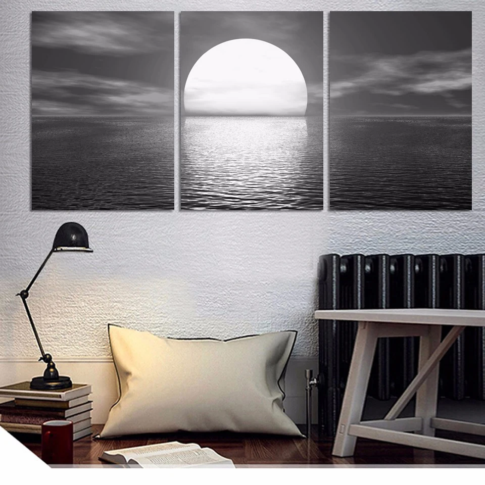 

Tableau Wall Art HD Printed Pictures Canvas 3 Panel Sea Big Moon Night Landscape Home Decor Modern Paintings Modular Posters