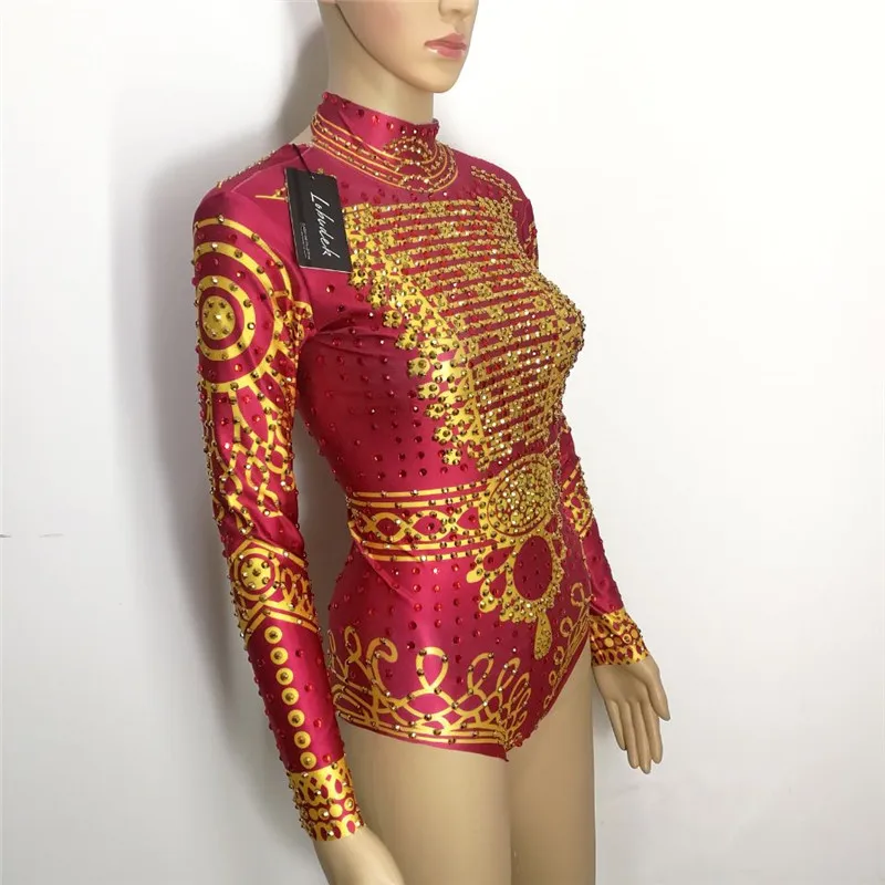 Gold red crystal Rhinestones Bodysuit Occident Bar female singer DJ DS Costume Nightclub sexy stage performance dance catsuits