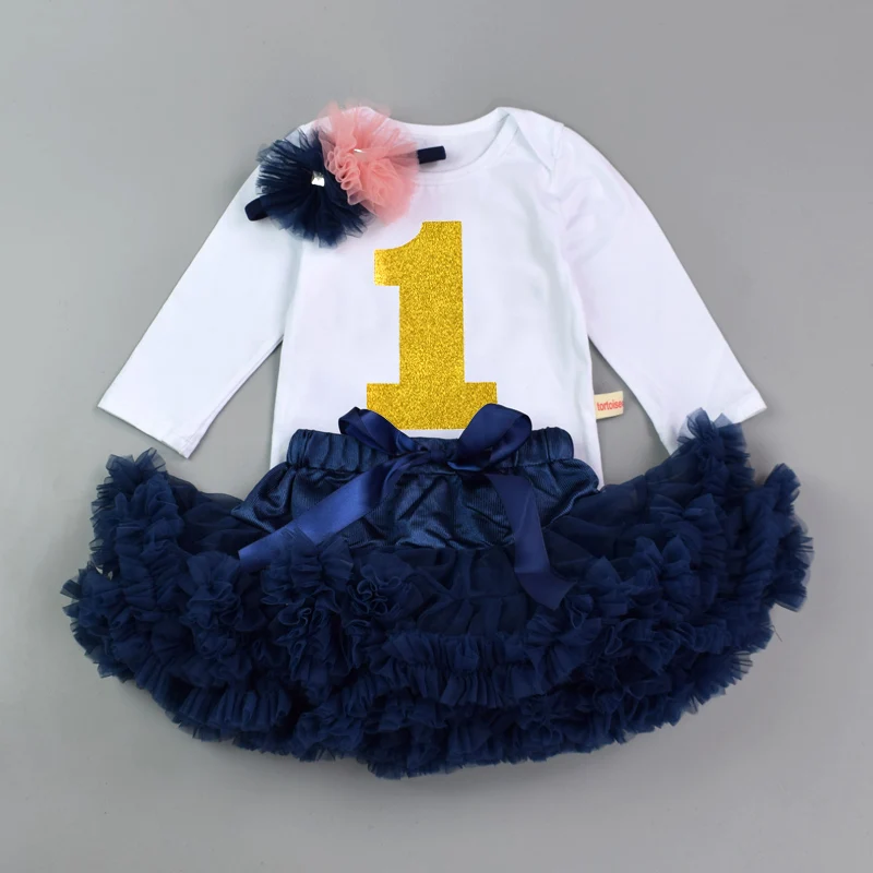 White Dark Blue 1 Новинка; боди для новорожденных девочек; комплект одежды для дня рождения; Детский комбинезон с принтом+ юбка-американка с бантом+ повязка на голову с цветочным принтом - Цвет: White Dark Blue 1