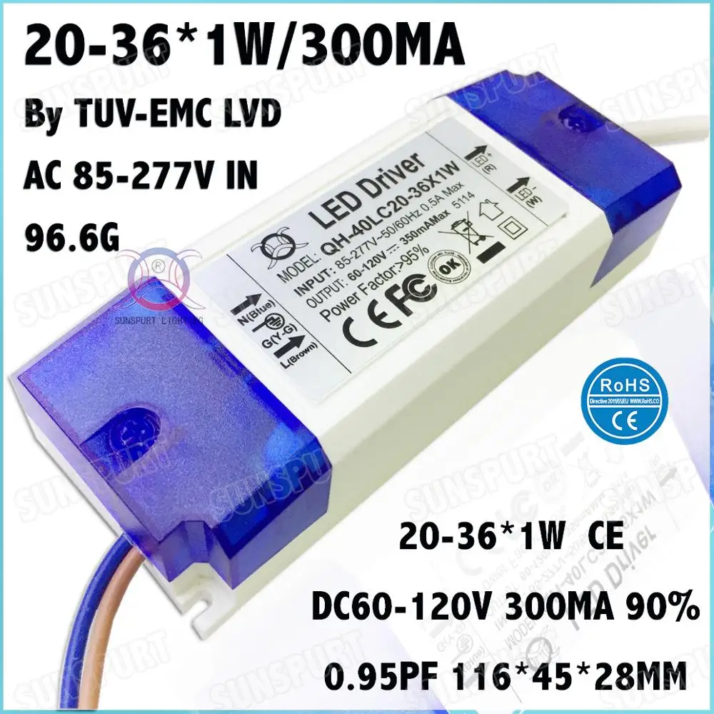 5-20 штук TUV-CE EMC LVD PFC внешний 36 Вт AC85-277V светодиодный драйвер 1-36Cx1W 300mA DC2-120V светодиодный светильник постоянного тока