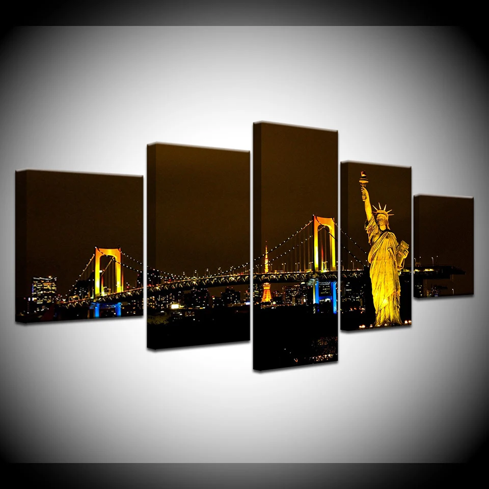 Холст фотографии Wall Art Печать плакатов 5 шт. Токио Статуя Свободы фон с