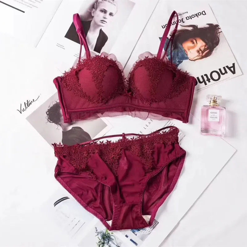 Sexy Lace Bra Briefs Set For Women Push Up Lingerie Bralette Seamless Panties Wire free Brassiere Underwear - Цвет: RED