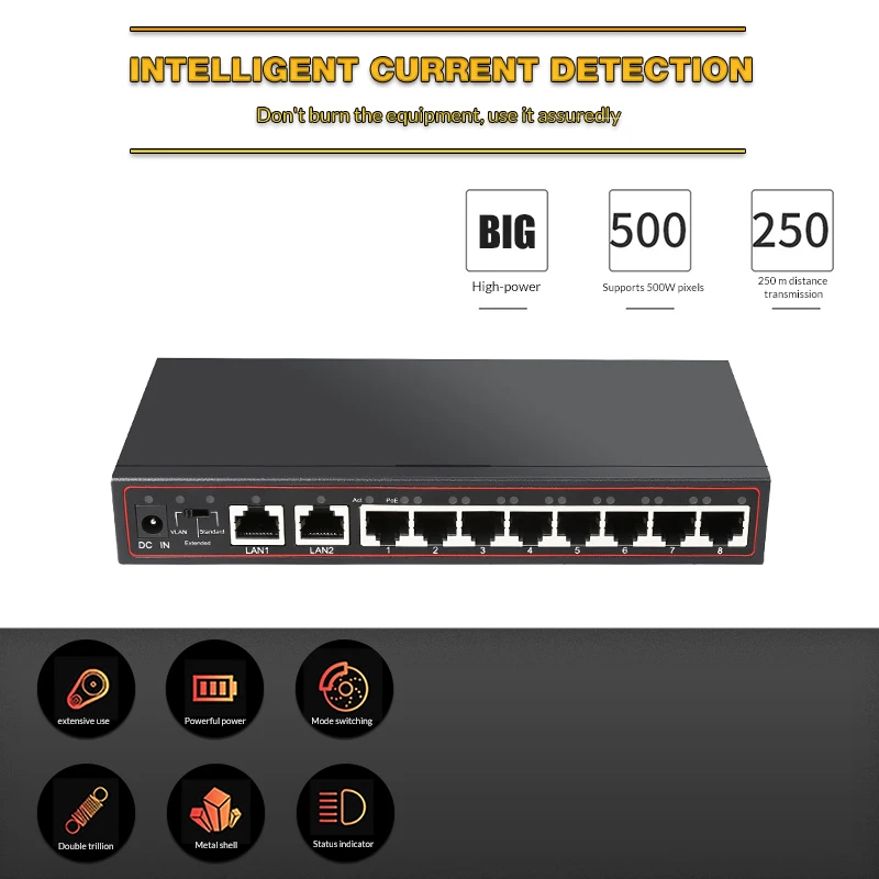 

10 Port 48V POE Switch Ethernet 10/100Mbps Full/Half Duplex VLAN Network Ethernet Switch 802.3 af/at for IP POE CCTV Camera